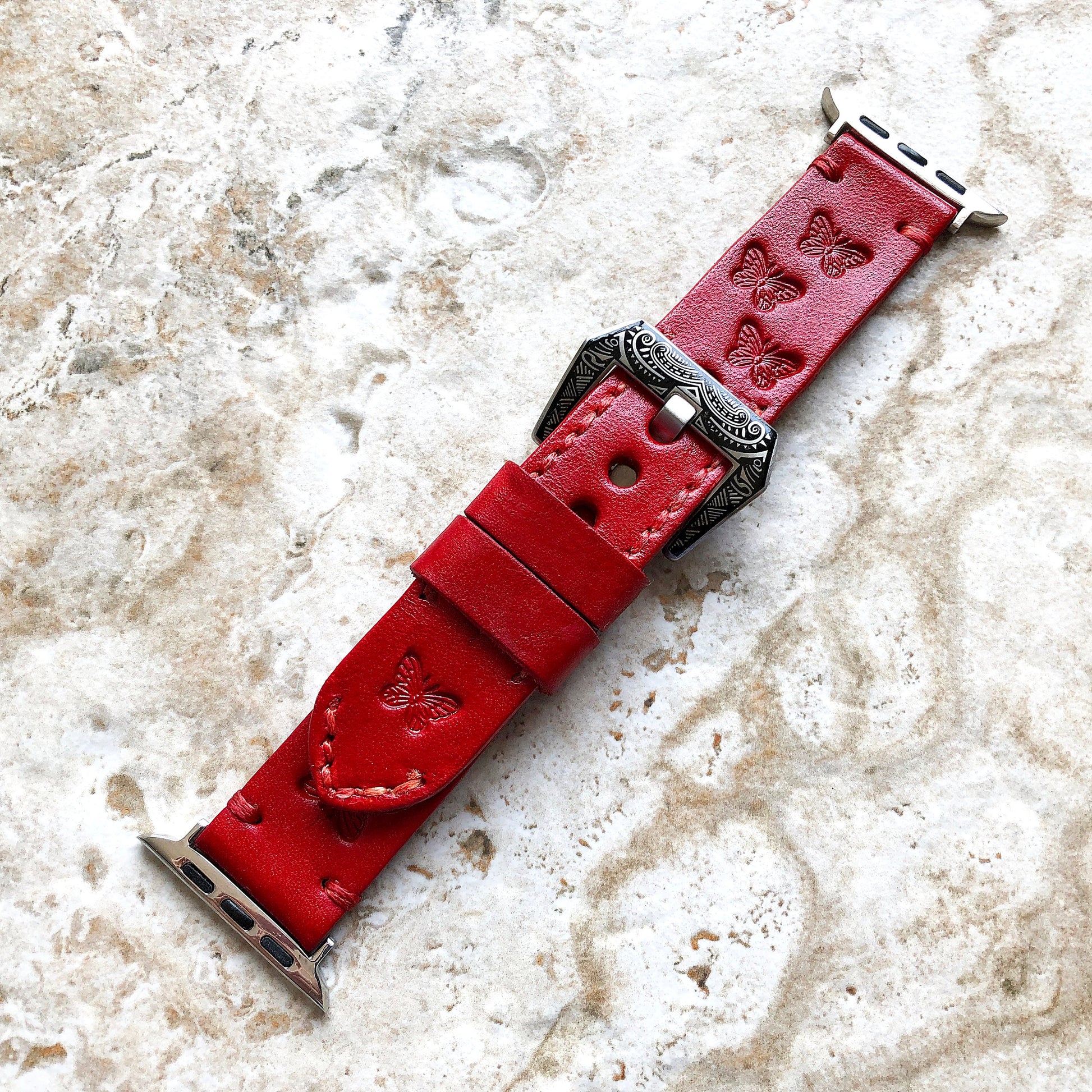 Butterflies Band 22mm 24mm 25mm Tooled Embossed Genuine Leather Compatible with Apple Watch Fitbit Versa 2 3 4 Sense 2 Ionic Handmade Strap