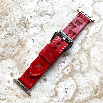 Butterflies Band 22mm 24mm 25mm Tooled Embossed Genuine Leather Compatible with Apple Watch Fitbit Versa 2 3 4 Sense 2 Ionic Handmade Strap