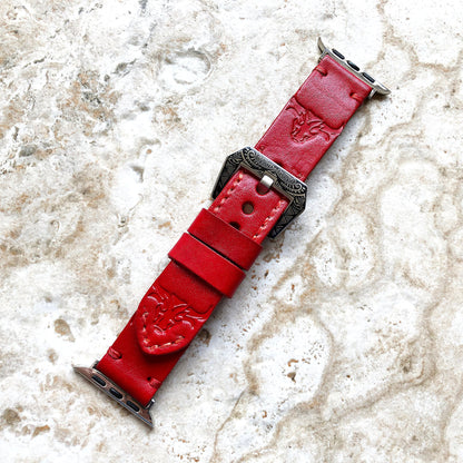 Bull Head Band 22mm 24mm 25mm Tooled Embossed Genuine Leather Compatible with Apple Watch Fitbit Versa 2 3 4 Sense 2 Ionic Handmade Strap