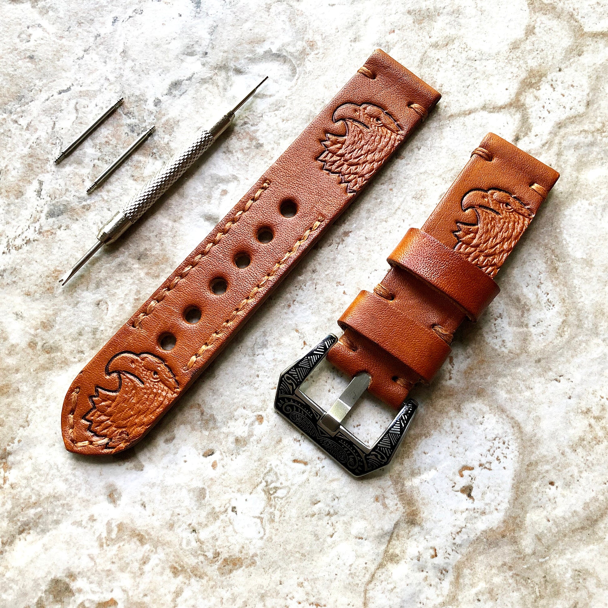Eagle Head Left Band 22mm 24mm 25mm Tooled Embossed Genuine Real Leather Strap Compatible with Apple Watch Fitbit Versa 2 3 4 Sense 2 Ionic