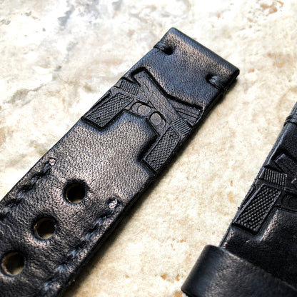 Crossed Pistols Band 22mm 24mm 25mm Embossed Genuine Leather Compatible with Apple Watch Fitbit Versa 2 3 4 Sense 2 Ionic Handmade Strap