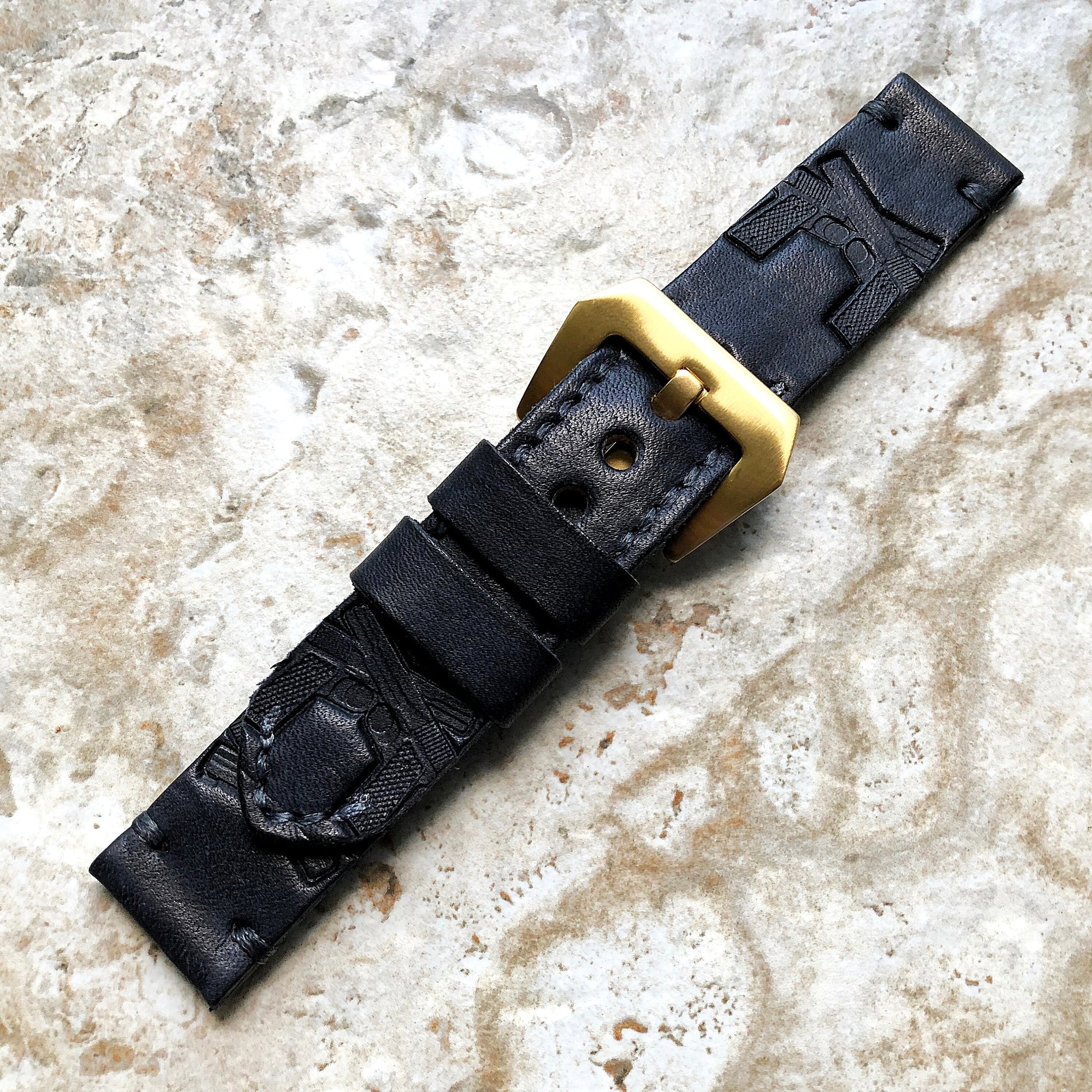 Crossed Pistols Band 22mm 24mm 25mm Embossed Genuine Leather Compatible with Apple Watch Fitbit Versa 2 3 4 Sense 2 Ionic Handmade Strap