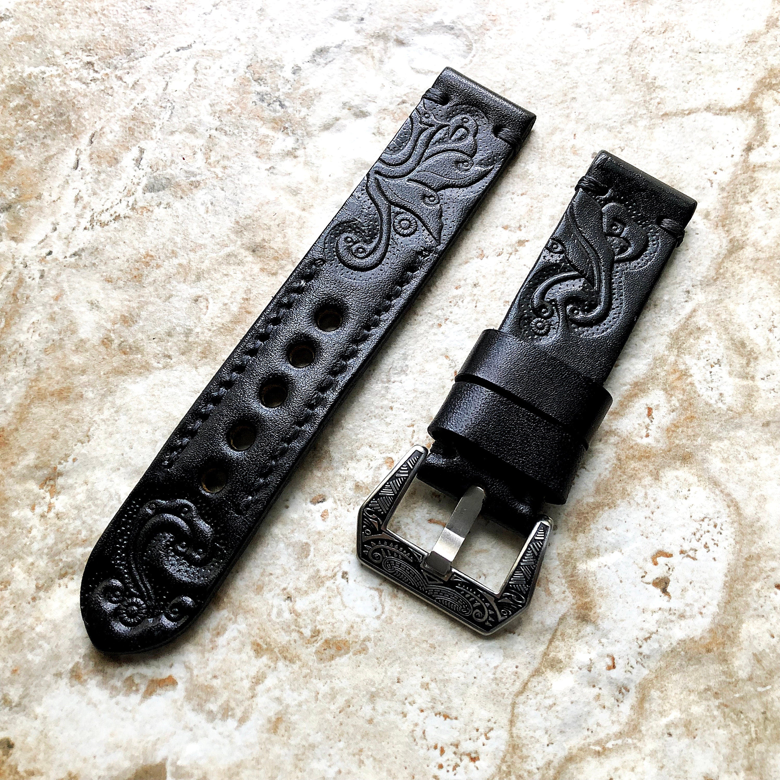 Black Band 22mm 24mm 25mm Compatible with Apple Watch Fitbit Versa 2 3 4 Sense 2 Ionic Embossed Tooled Leather Strap Silver Black Rose Gold