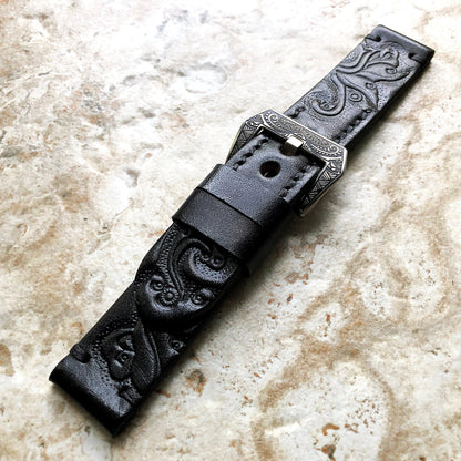 Black Band 22mm 24mm 25mm Compatible with Apple Watch Fitbit Versa 2 3 4 Sense 2 Ionic Embossed Tooled Leather Strap Silver Black Rose Gold