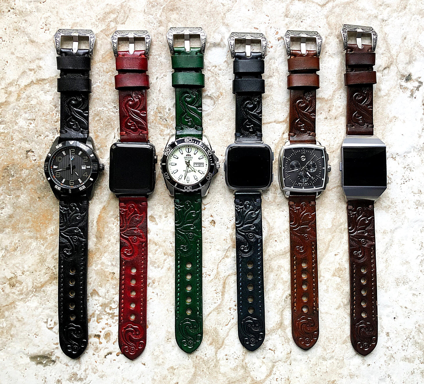 Dark Brown Band 22mm 24mm 25mm Compatible with Apple Watch Fitbit Versa 2 3 4 Sense 2 Ionic Embossed Tooled Real Leather Strap
