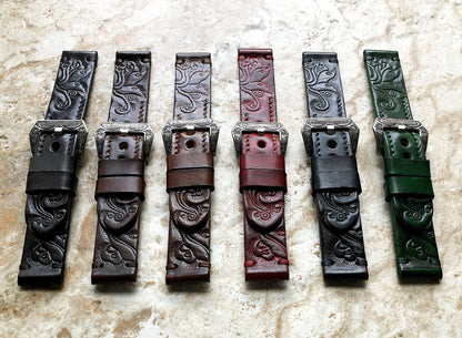 Dark Brown Band 22mm 24mm 25mm Compatible with Apple Watch Fitbit Versa 2 3 4 Sense 2 Ionic Embossed Tooled Real Leather Strap