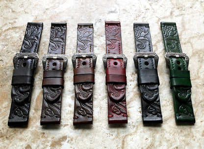 Green Color Band 22mm 24mm 25mm Compatible with Apple Watch Fitbit Versa 2 3 4 Sense 2 Ionic Embossed Tooled Real Leather Handmade Strap