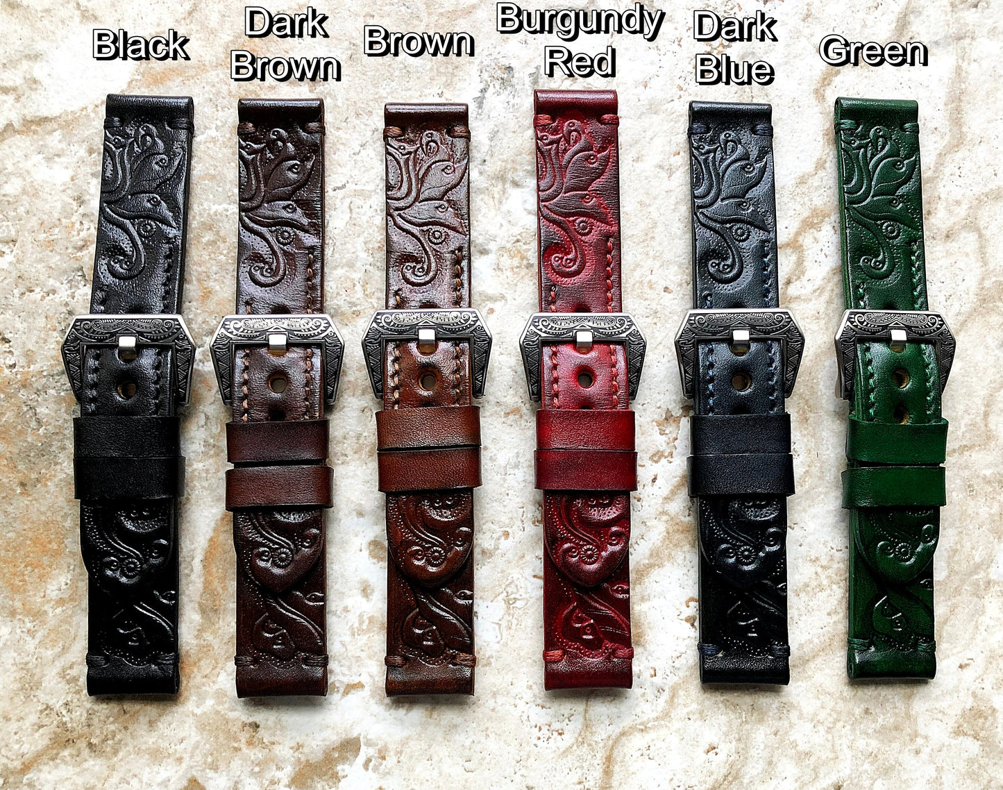 Dark Brown Band 22mm 24mm 25mm Compatible with Apple Watch Fitbit Versa 2 3 4 Sense 2 Ionic Embossed Tooled Real Leather Strap