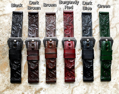 Dark Brown Band 22mm 24mm 25mm Compatible with Apple Watch Fitbit Versa 2 3 4 Sense 2 Ionic Embossed Tooled Real Leather Strap