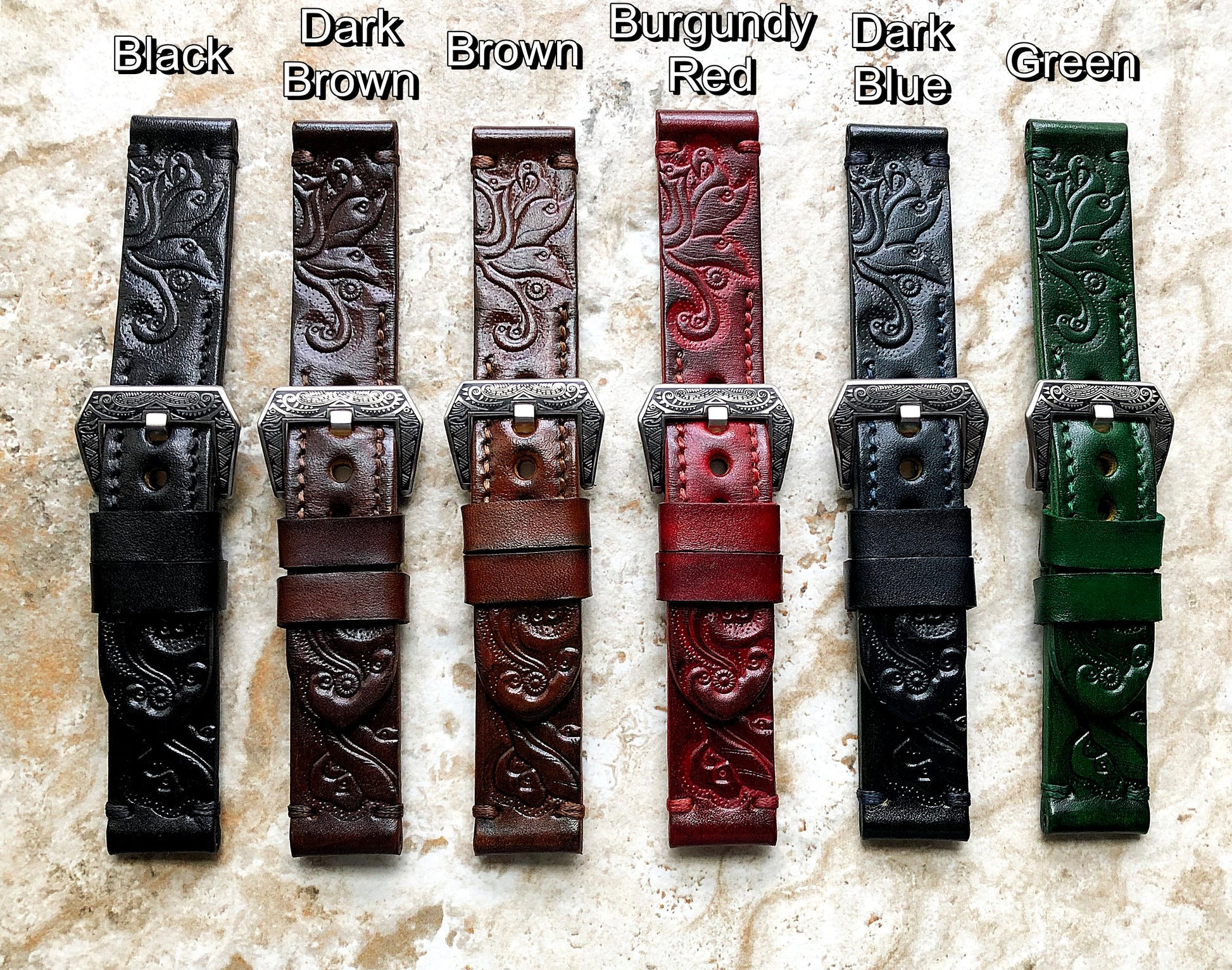 Green Color Band 22mm 24mm 25mm Compatible with Apple Watch Fitbit Versa 2 3 4 Sense 2 Ionic Embossed Tooled Real Leather Handmade Strap