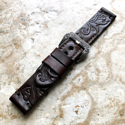 Dark Brown Band 22mm 24mm 25mm Compatible with Apple Watch Fitbit Versa 2 3 4 Sense 2 Ionic Embossed Tooled Real Leather Strap
