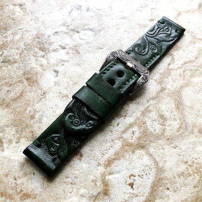 Green Color Band 22mm 24mm 25mm Compatible with Apple Watch Fitbit Versa 2 3 4 Sense 2 Ionic Embossed Tooled Real Leather Handmade Strap