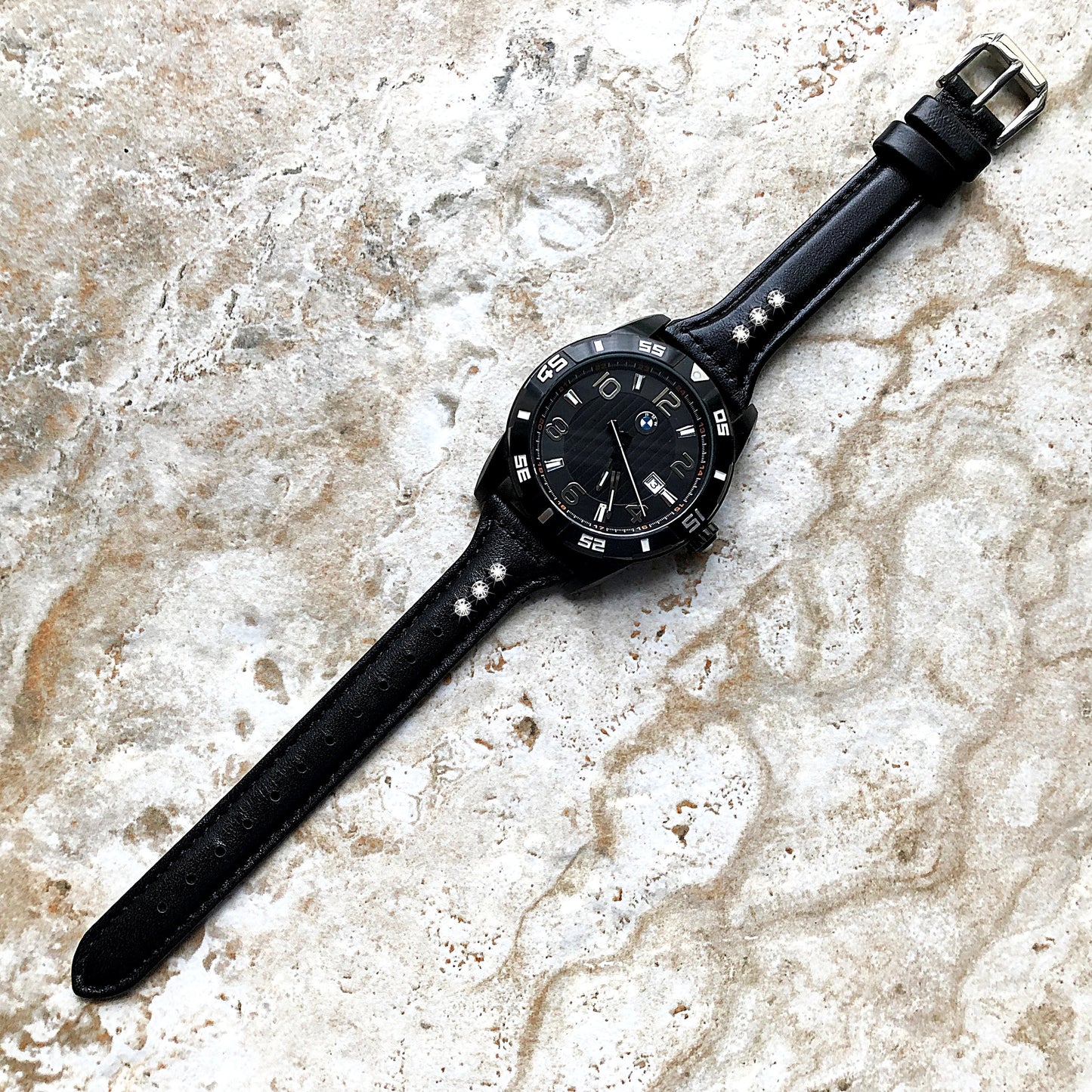 22mm Black Leather and Crystals Slim Elegant Soft Watch Strap Band for Wrist Hand Watches - Quick Release Pins Included Easy Ready to Attach