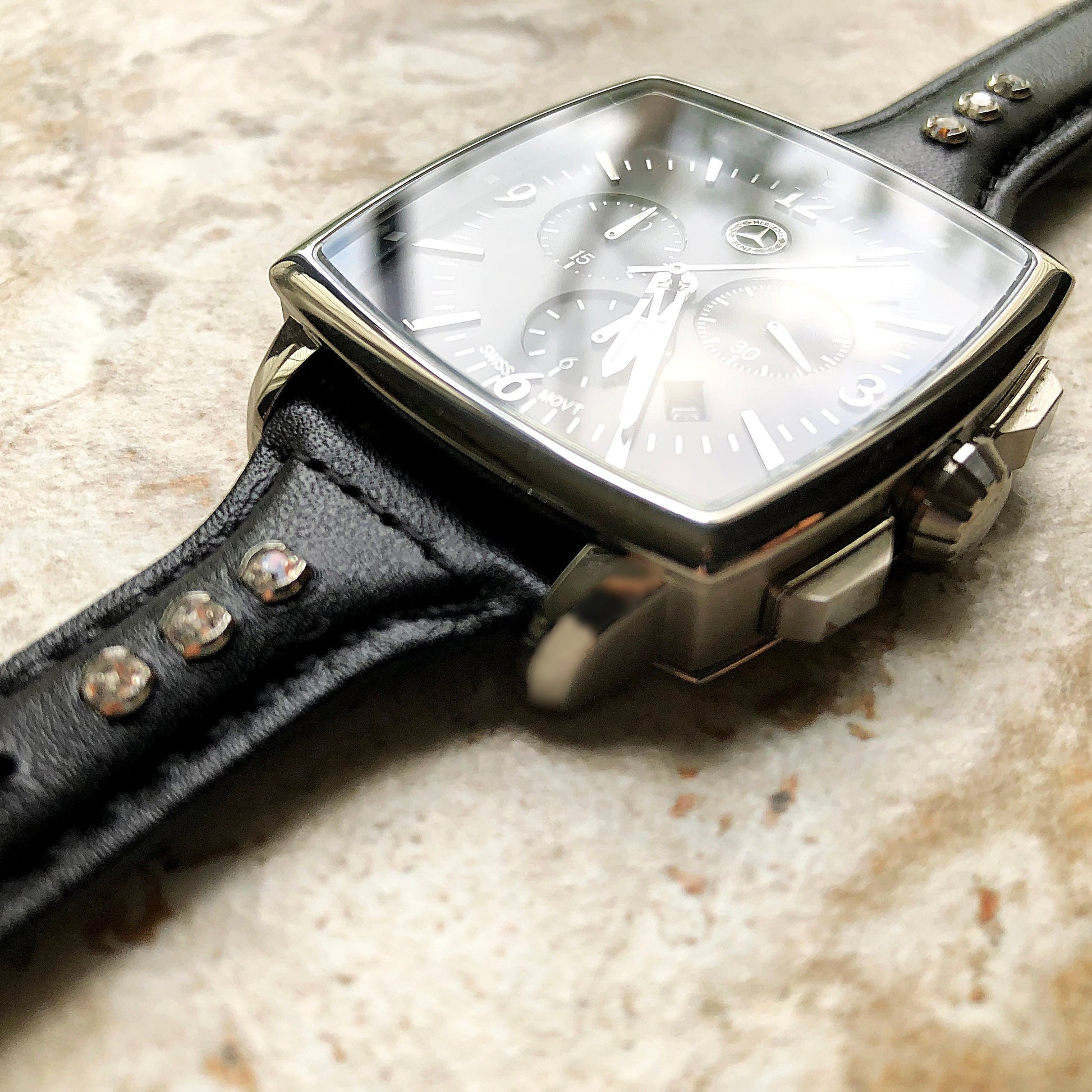 22mm Black Leather and Crystals Slim Elegant Soft Watch Strap Band for Wrist Hand Watches - Quick Release Pins Included Easy Ready to Attach