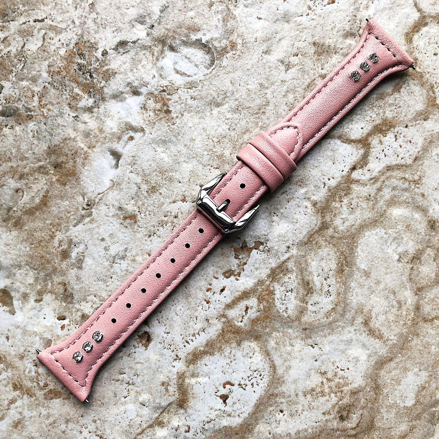 22mm Pink Leather and Crystals Slim Elegant Soft Watch Strap Band for Wrist Hand Watches - Quick Release Pins Included Easy Ready to Attach