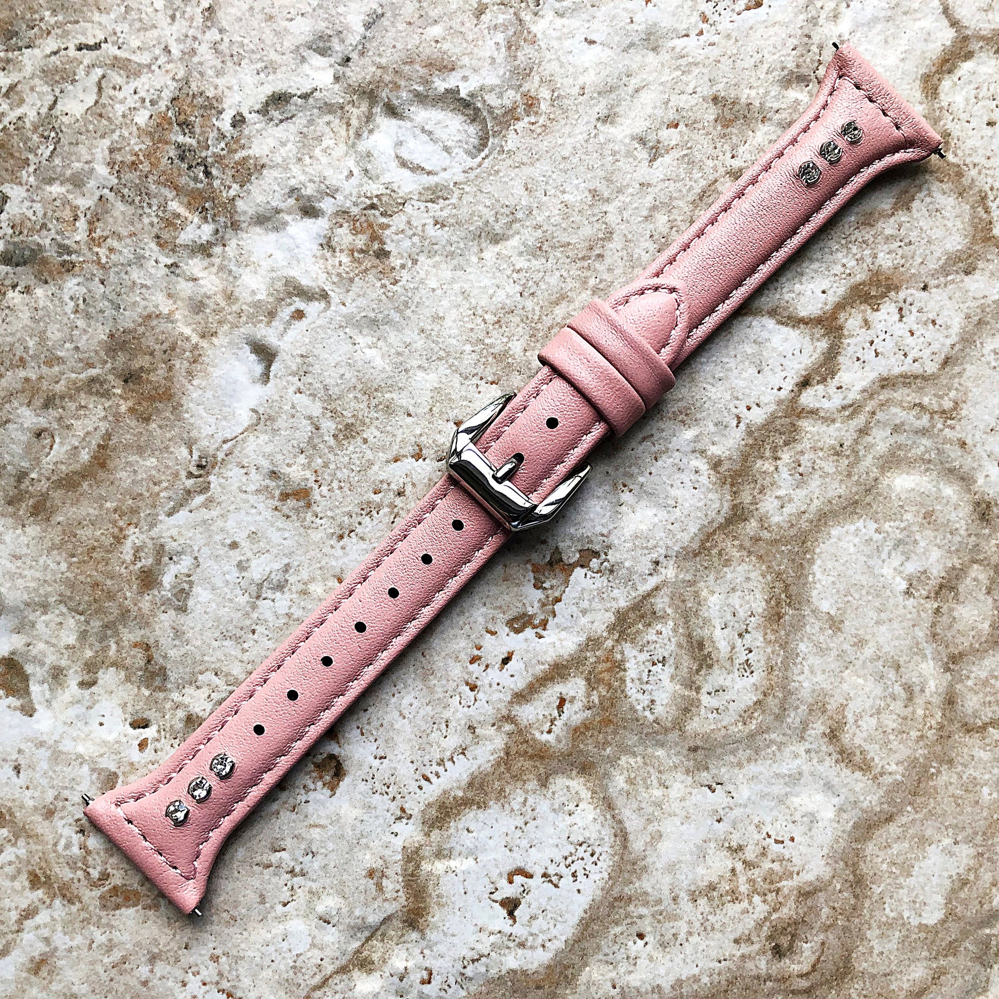 22mm Pink Leather and Crystals Slim Elegant Soft Watch Strap Band for Wrist Hand Watches - Quick Release Pins Included Easy Ready to Attach