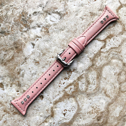 22mm Pink Leather and Crystals Slim Elegant Soft Watch Strap Band for Wrist Hand Watches - Quick Release Pins Included Easy Ready to Attach