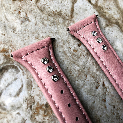 22mm Pink Leather and Crystals Slim Elegant Soft Watch Strap Band for Wrist Hand Watches - Quick Release Pins Included Easy Ready to Attach