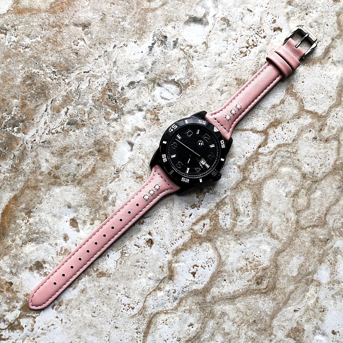 22mm Pink Leather and Crystals Slim Elegant Soft Watch Strap Band for Wrist Hand Watches - Quick Release Pins Included Easy Ready to Attach