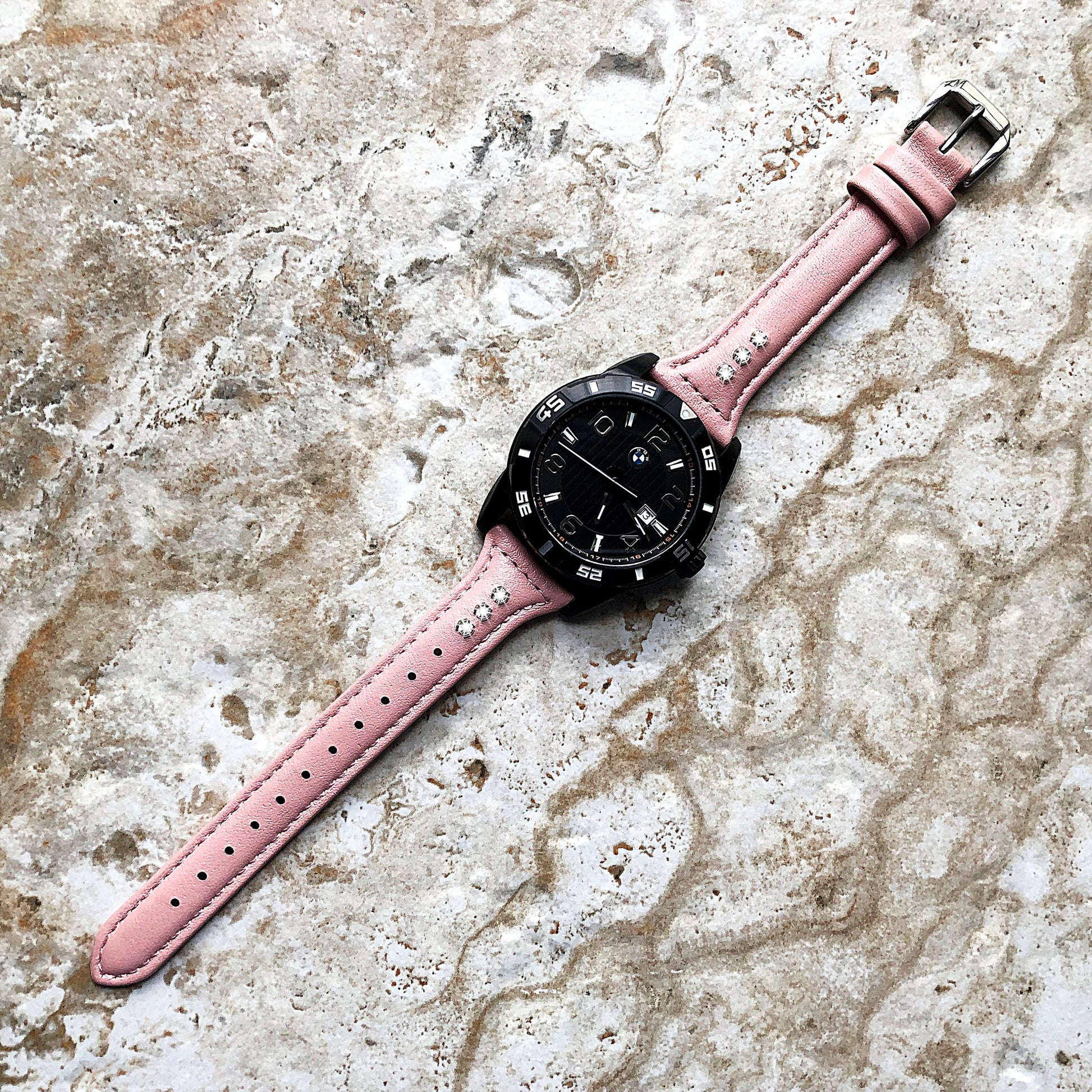 22mm Pink Leather and Crystals Slim Elegant Soft Watch Strap Band for Wrist Hand Watches - Quick Release Pins Included Easy Ready to Attach