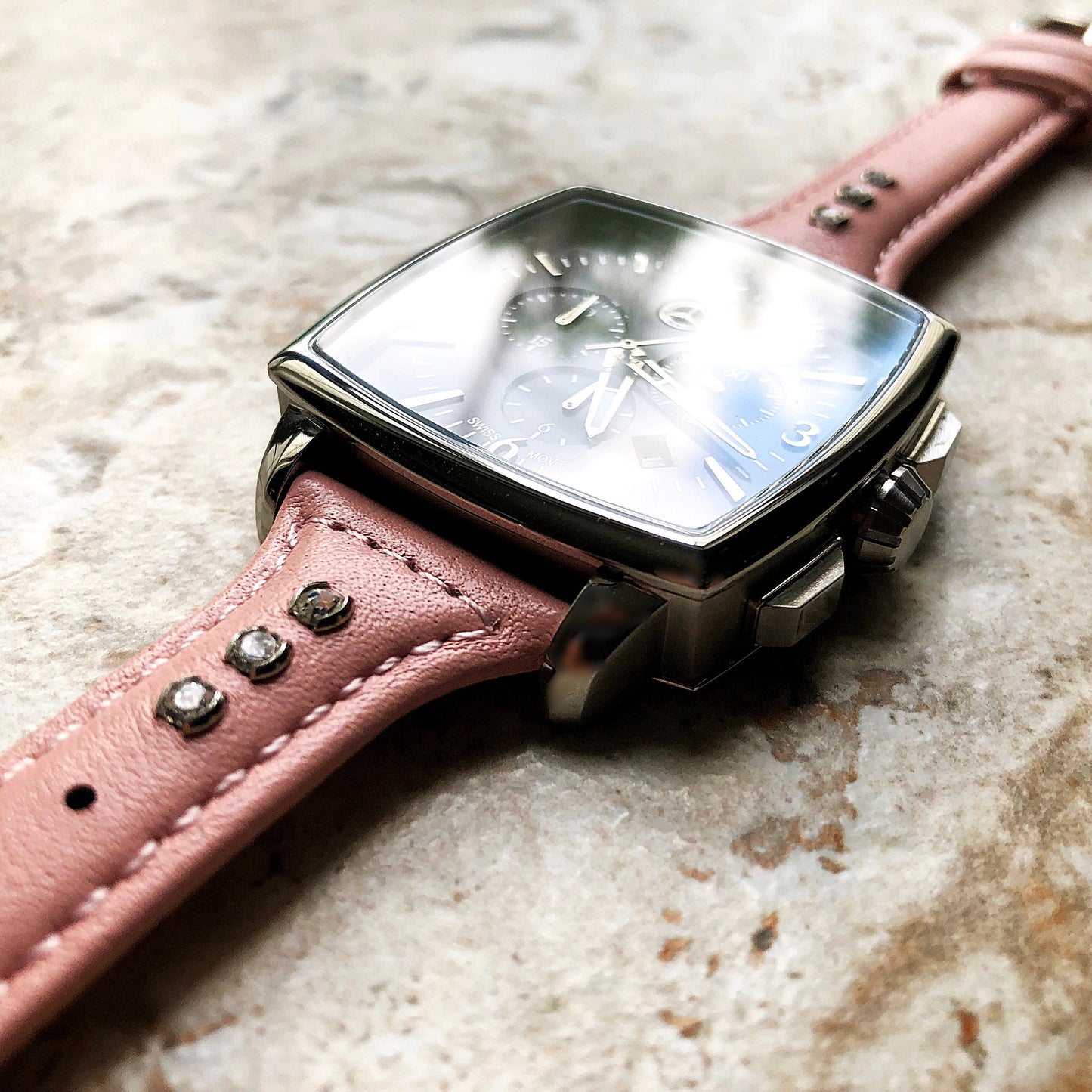 22mm Pink Leather and Crystals Slim Elegant Soft Watch Strap Band for Wrist Hand Watches - Quick Release Pins Included Easy Ready to Attach