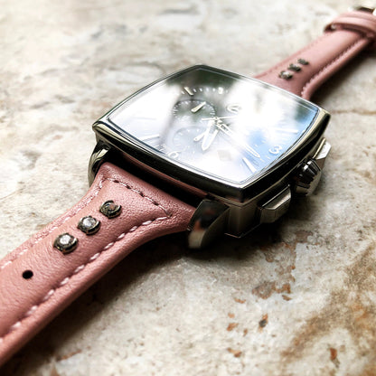 22mm Pink Leather and Crystals Slim Elegant Soft Watch Strap Band for Wrist Hand Watches - Quick Release Pins Included Easy Ready to Attach