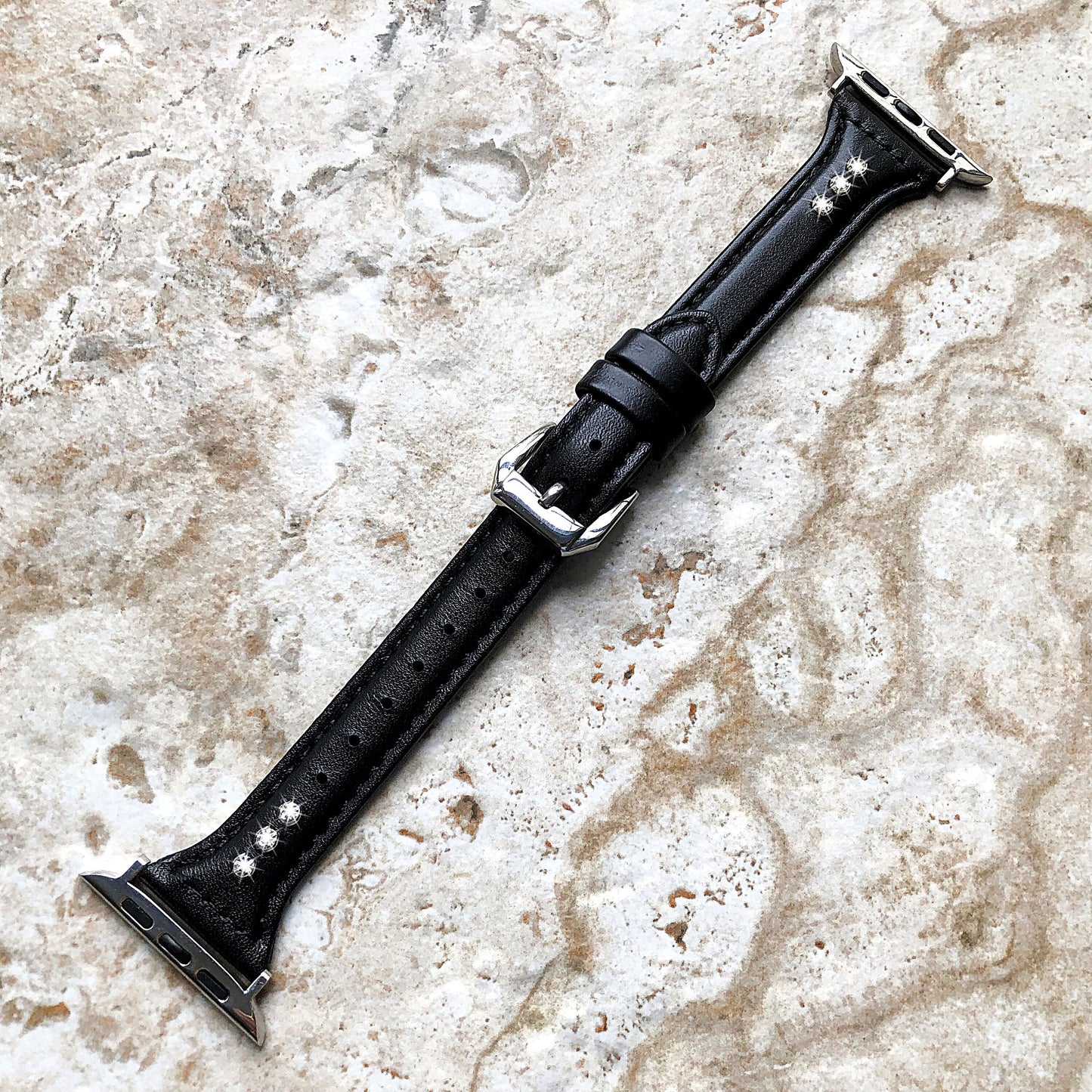 Apple Black Leather and Crystals Slim Elegant Soft Band Strap Bracelet for iWatch Ultra 2 49mm and 9 8 Series 41mm 45mm Case Handmade