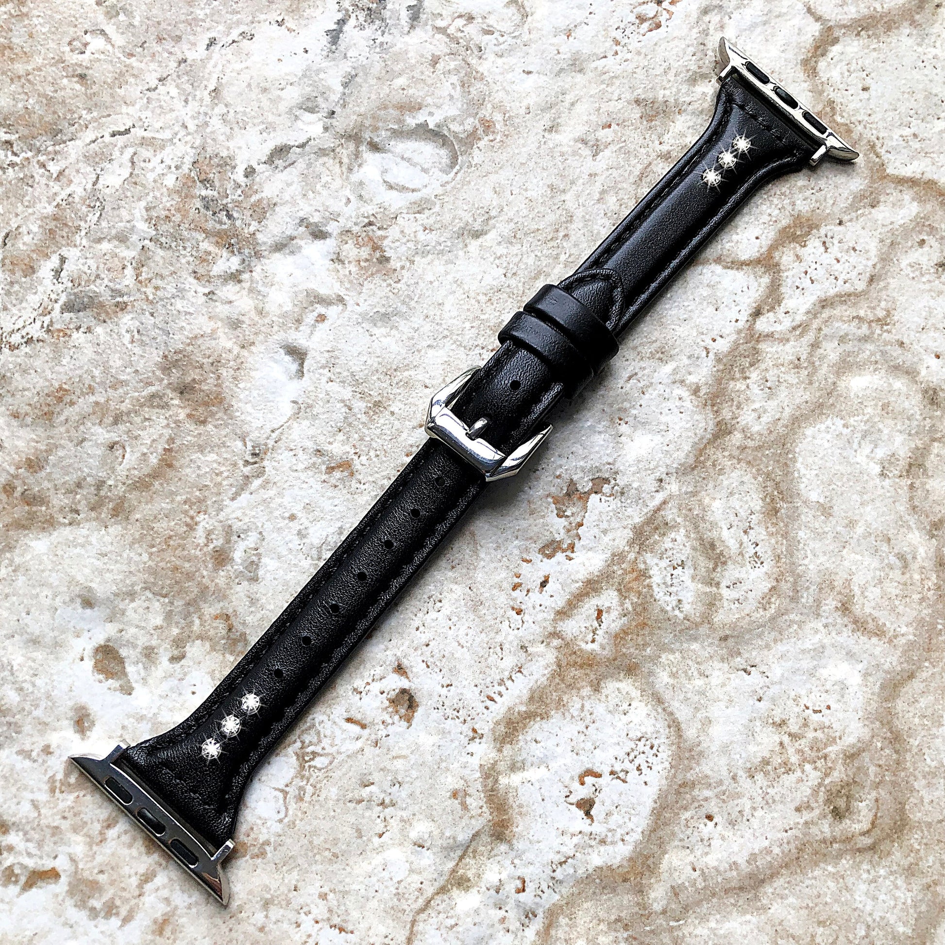 Apple Black Leather and Crystals Slim Elegant Soft Band Strap Bracelet for iWatch Ultra 2 49mm and 9 8 Series 41mm 45mm Case Handmade