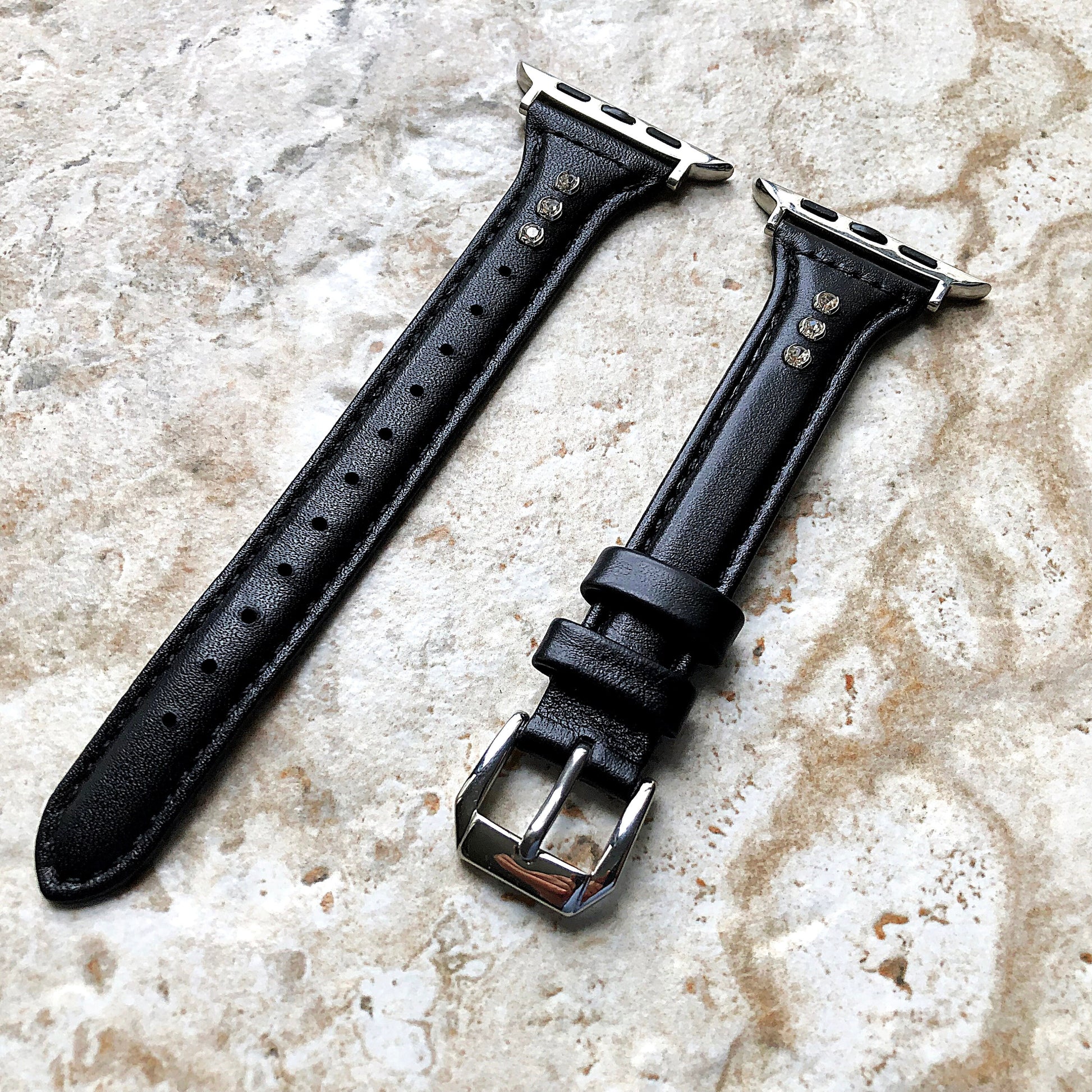 Apple Black Leather and Crystals Slim Elegant Soft Band Strap Bracelet for iWatch All Series 38mm 40mm 41mm 42mm 44mm 45mm 49mm Case