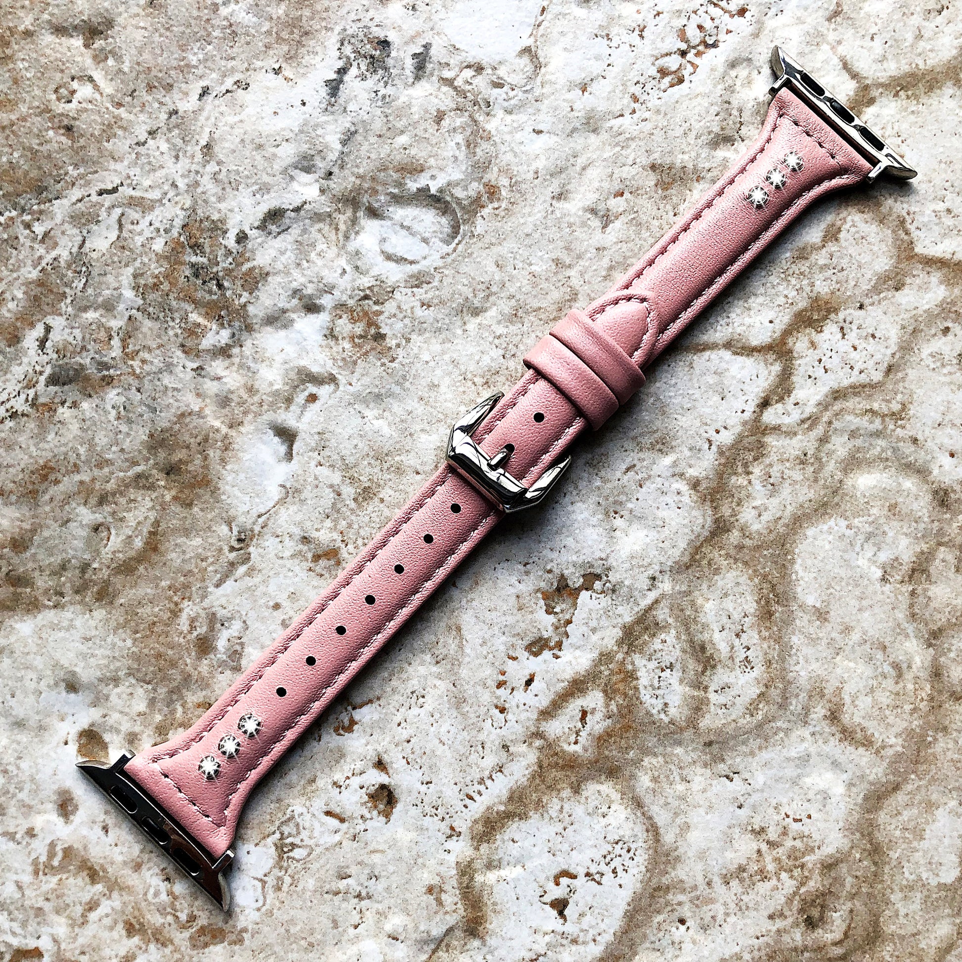 Apple Pink Leather with Crystals Slim Elegant Soft Band Strap Bracelet for iWatch Ultra 2 49mm and 9 8 Series 41mm 45mm Case Handmade