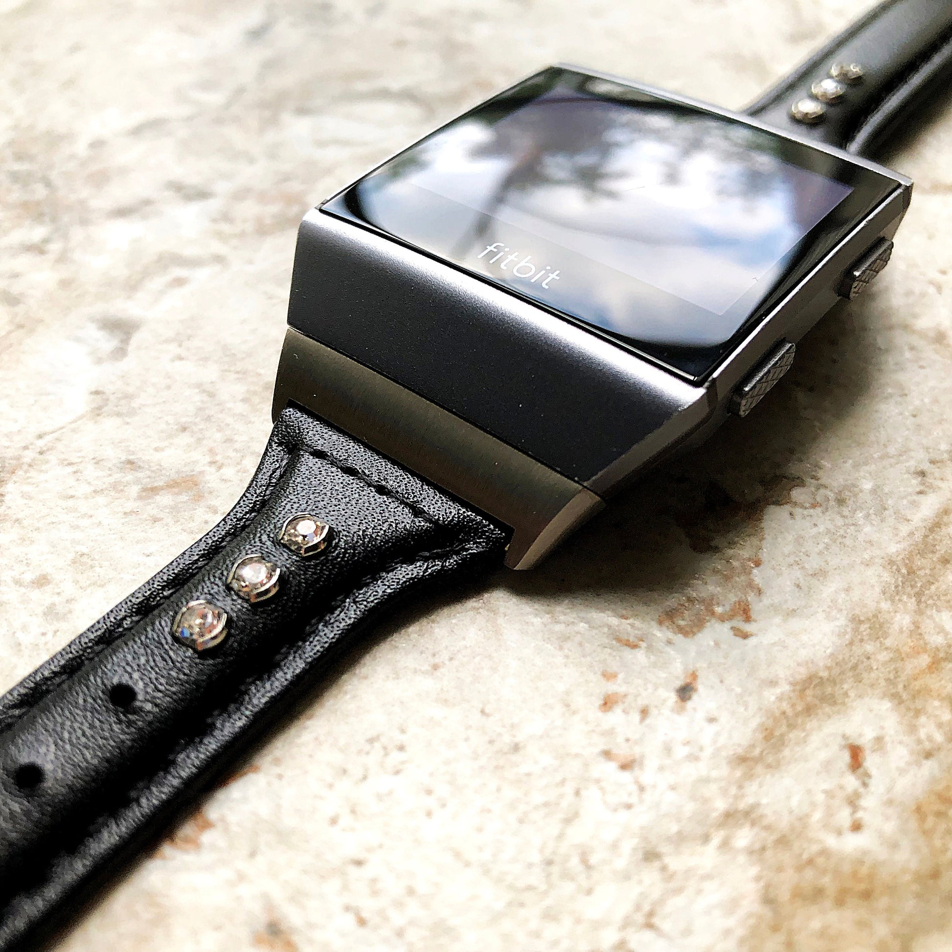 Fitbit Ionic Black Leather & Crystals Slim Elegant Soft Band Strap Bracelet for Smartwatch Quick Release Adapters in Silver Rose Gold Black