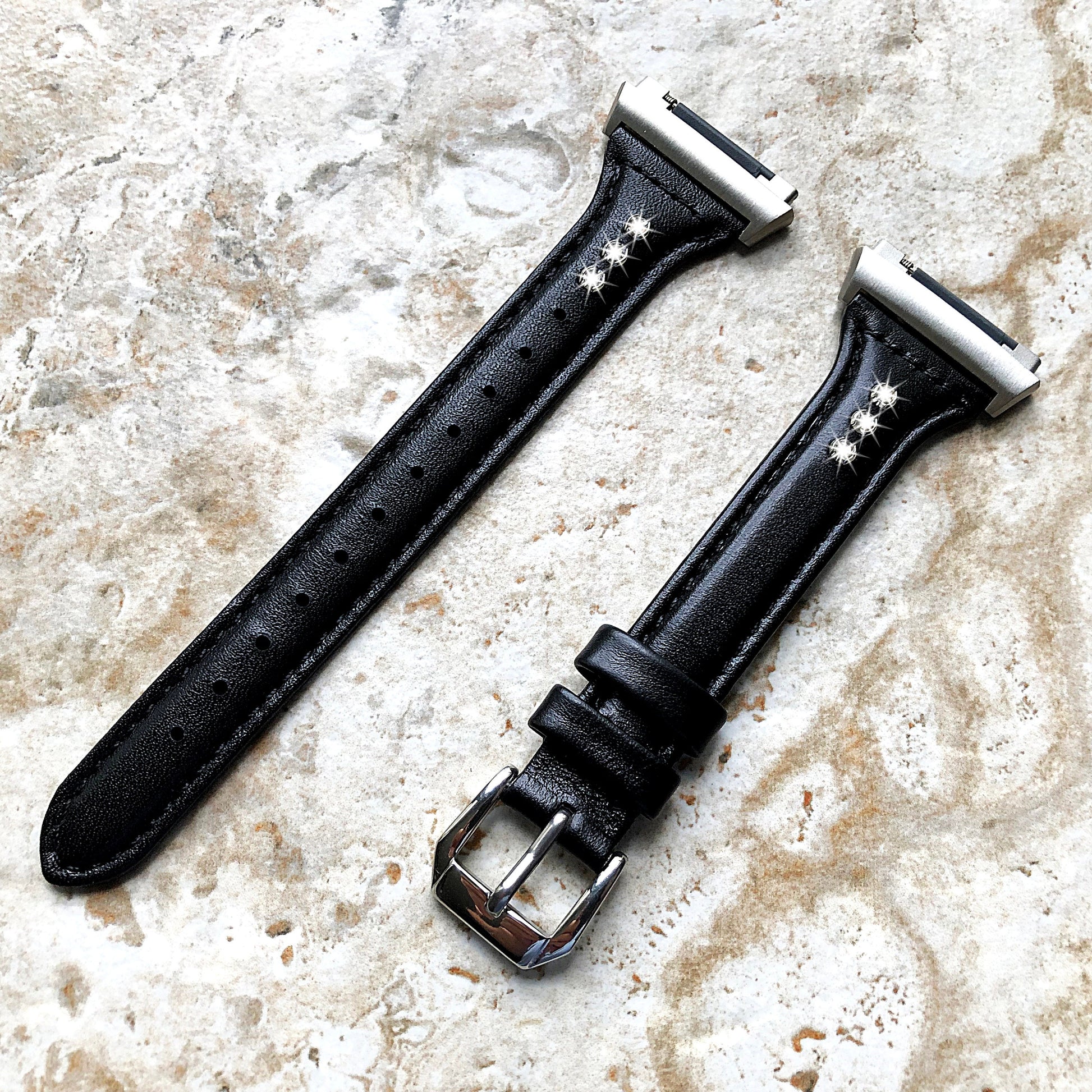 Fitbit Ionic Black Leather & Crystals Slim Elegant Soft Band Strap Bracelet for Smartwatch Quick Release Adapters in Silver Rose Gold Black