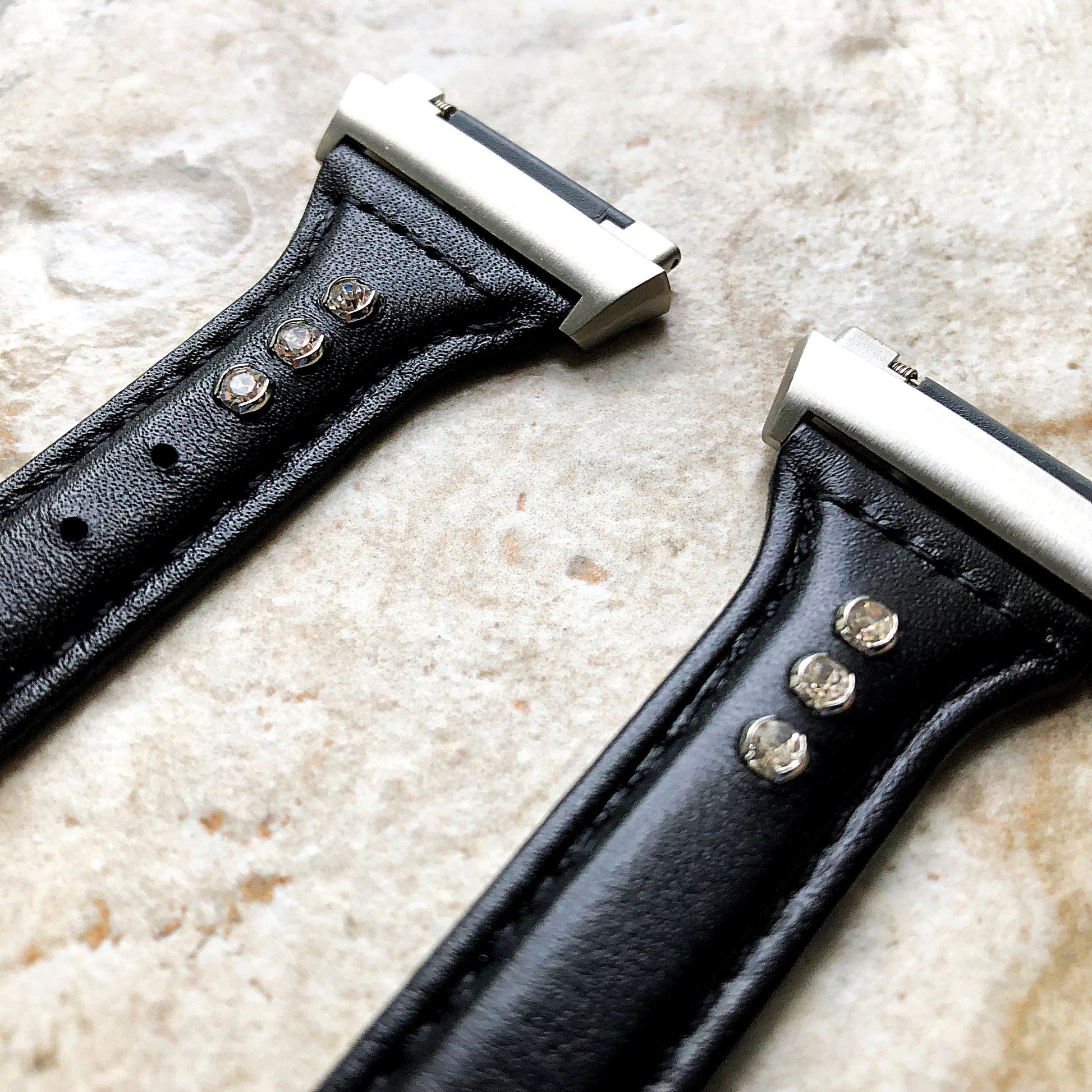 Fitbit Ionic Black Leather & Crystals Slim Elegant Soft Band Strap Bracelet for Smartwatch Quick Release Adapters in Silver Rose Gold Black