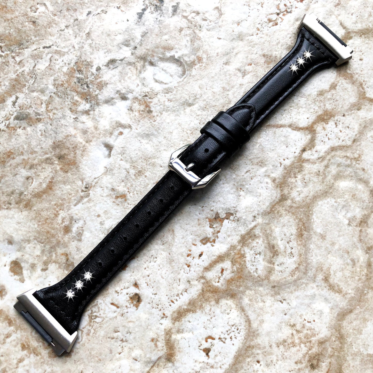 Fitbit Ionic Black Leather & Crystals Slim Elegant Soft Band Strap Bracelet for Smartwatch Quick Release Adapters in Silver Rose Gold Black