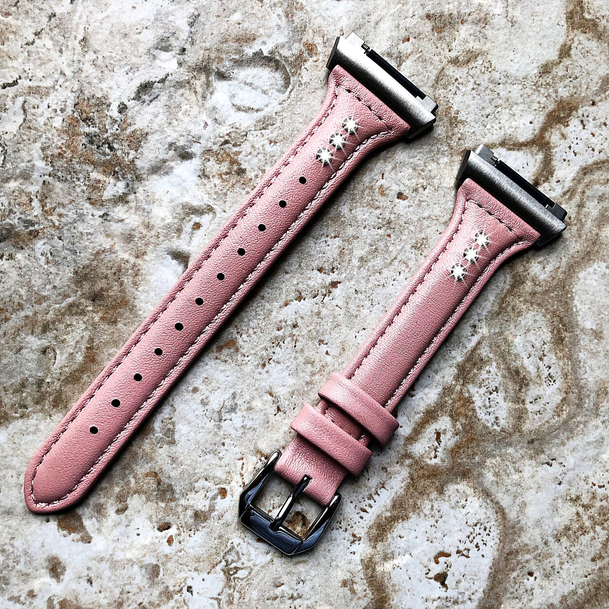 Fitbit Ionic Pink Leather & Crystals Slim Elegant Soft Band Strap Bracelet for Smartwatch Quick Release Adapters in Silver Rose Gold Black