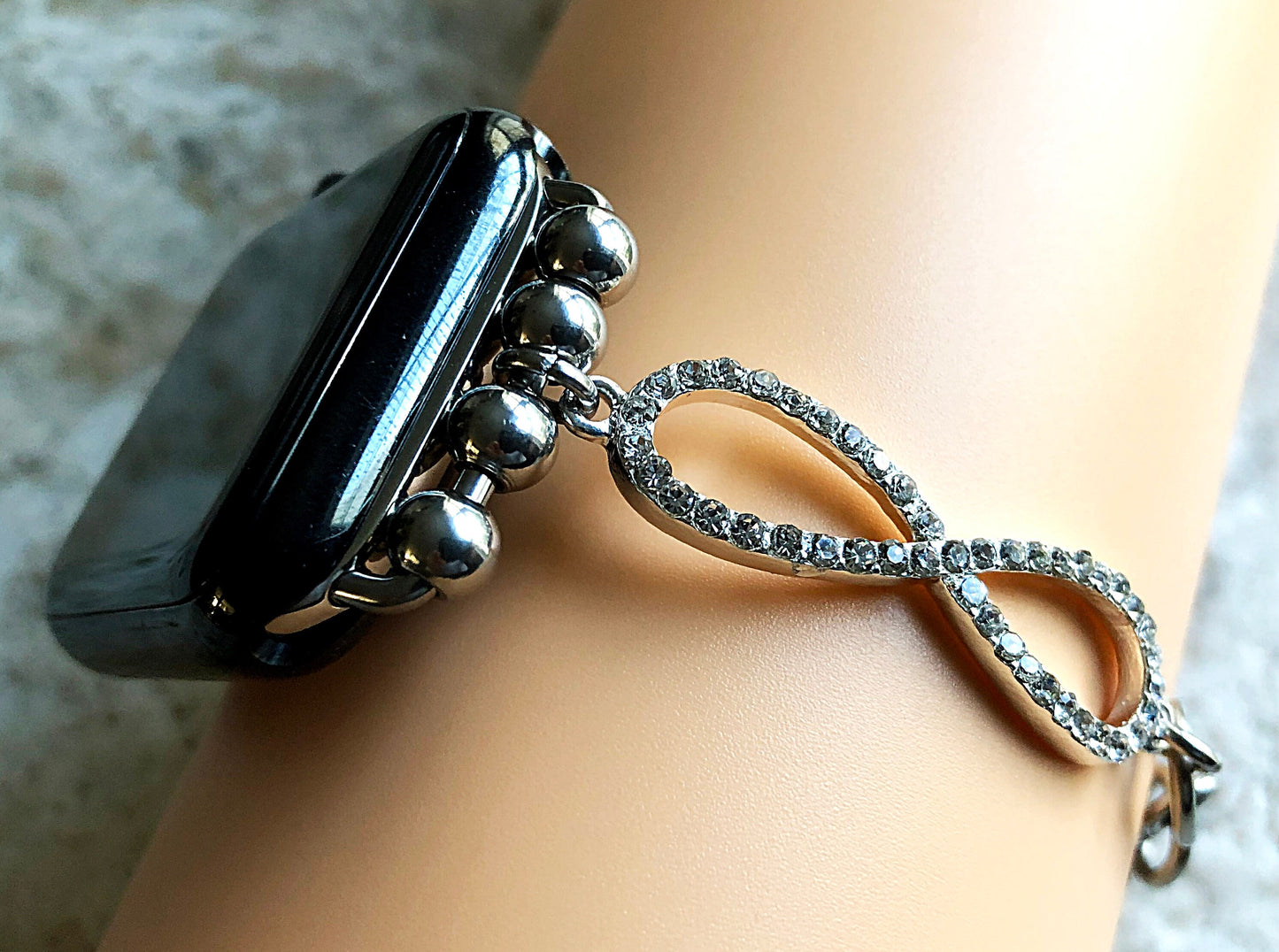 Apple Watch Ultra 2 49mm and 9 8 Series 41mm 45mm Case Infinity Symbols with Crystals Bracelet Band Stainless Steel and Brass Jewelry Strap