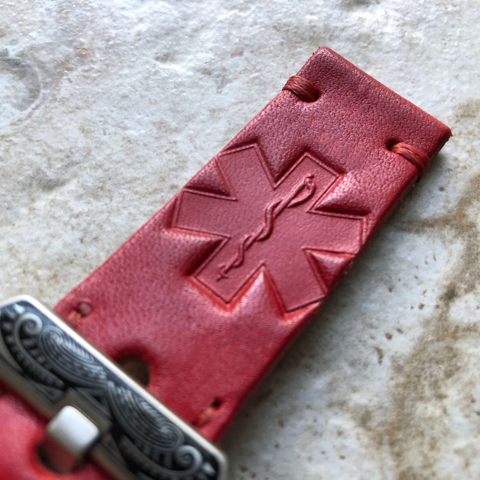 EMS Doc Medic Band 22mm 24mm 25mm Embossed Genuine Leather Compatible with Apple Watch Fitbit Versa 2 3 4 Sense 2 Ionic Handmade Strap