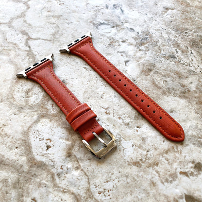 Apple Dark Orange Color Band for iWatch Ultra 2 49mm and 9 8 Series 41mm 45mm Case Slim Elegant Handmade Soft Leather Straps Bracelet