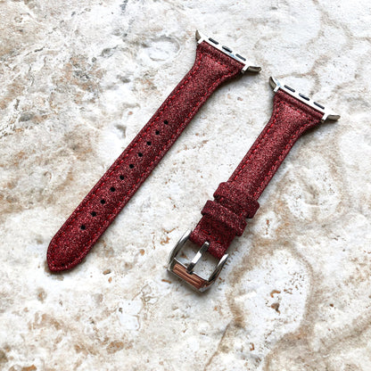 Apple Watch Red Sparkling Glitter Band for iWatch Ultra 2 49mm and 9 8 Series 41mm 45mm Case Slim Handmade Elegant Leather Straps