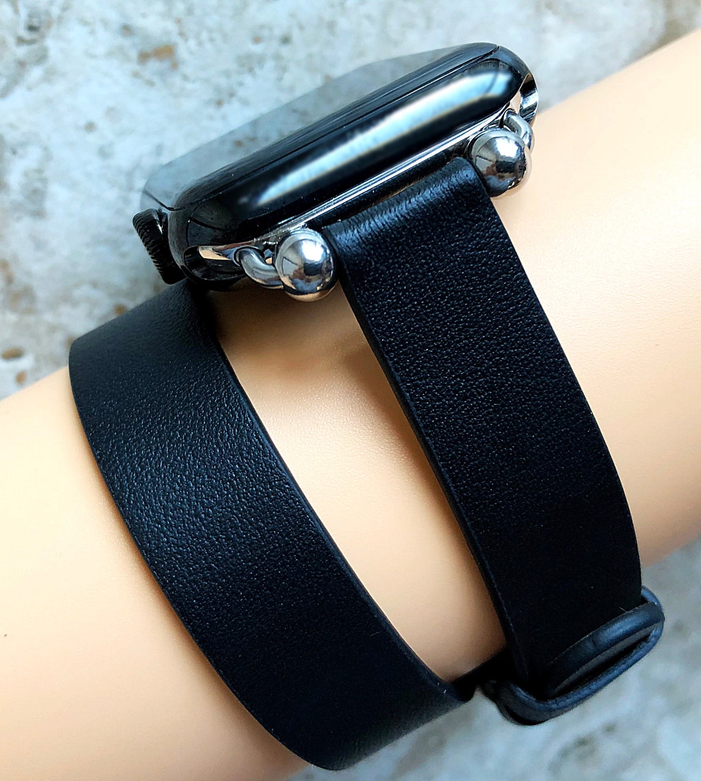 Apple Watch Black Twice Wrap Around Wrist Leather Band for iWatch Ultra 2 49mm and 9 8 Series 41mm 45mm Case Double Bracelet Strap