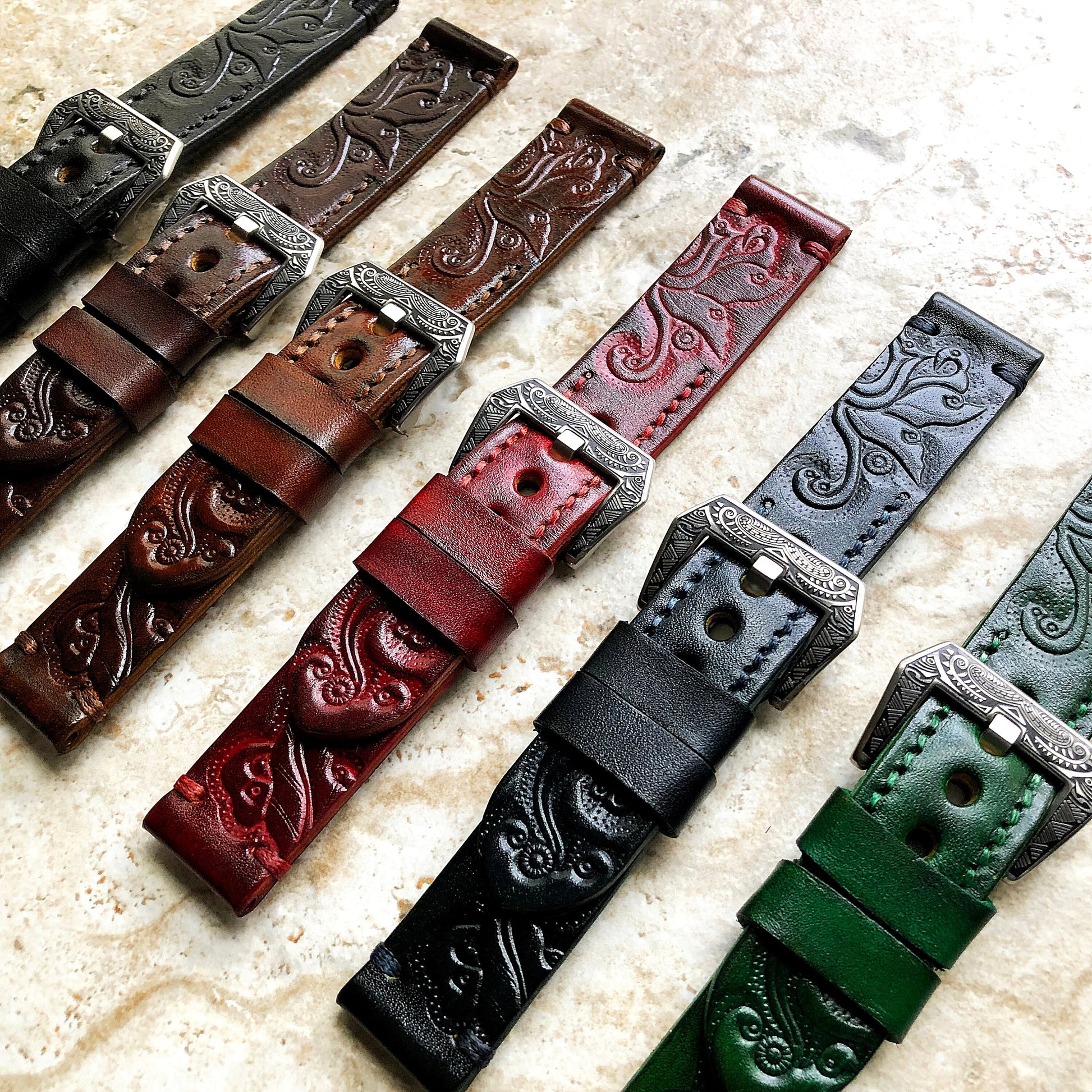 Dark Brown Band 22mm 24mm 25mm Compatible with Apple Watch Fitbit Versa 2 3 4 Sense 2 Ionic Embossed Tooled Real Leather Strap