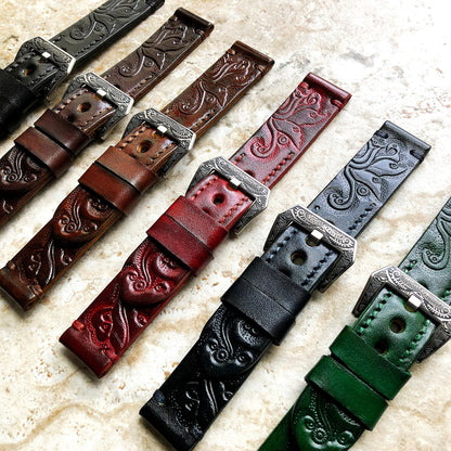 Dark Brown Band 22mm 24mm 25mm Compatible with Apple Watch Fitbit Versa 2 3 4 Sense 2 Ionic Embossed Tooled Real Leather Strap