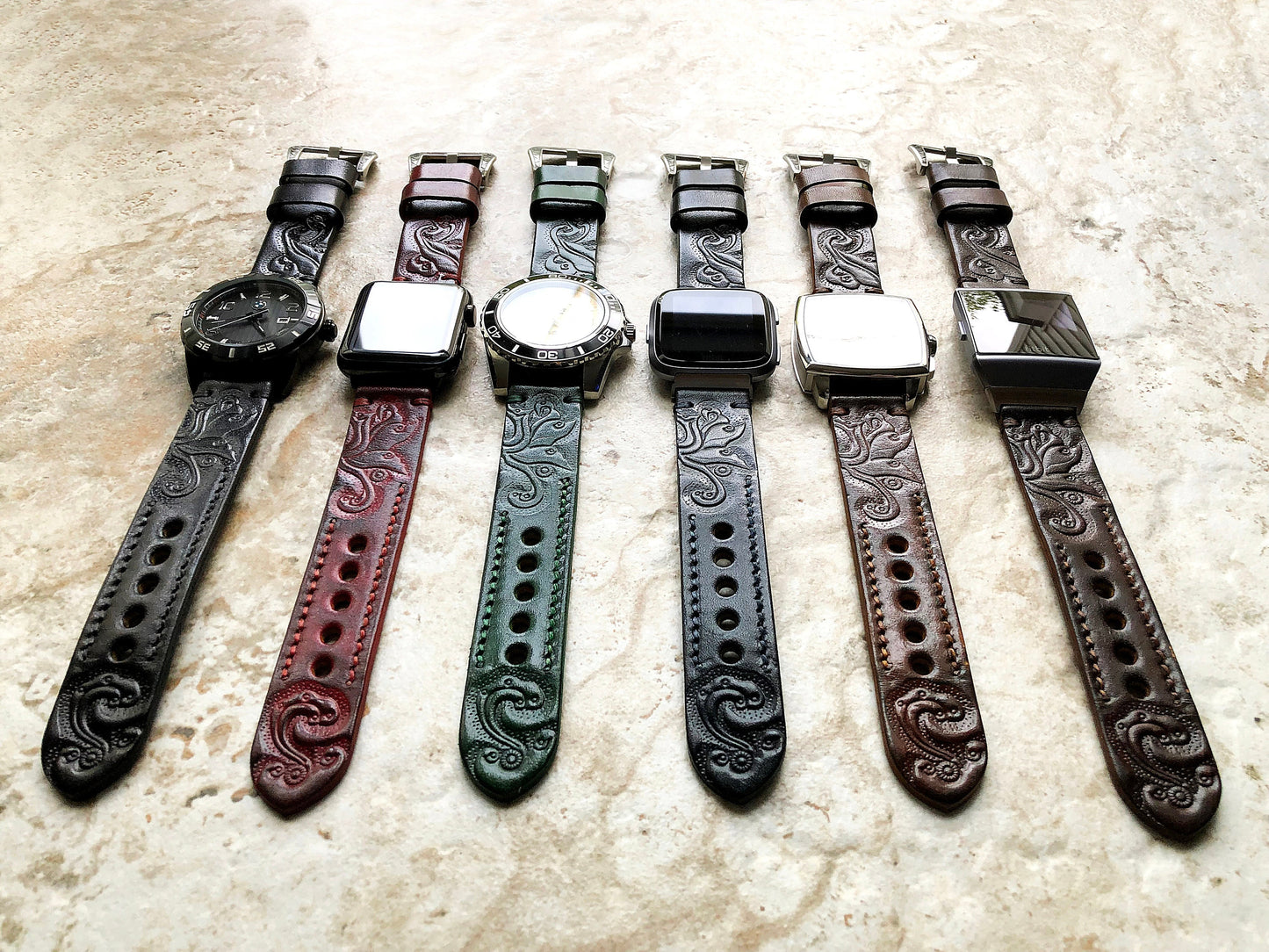 Black Band 22mm 24mm 25mm Compatible with Apple Watch Fitbit Versa 2 3 4 Sense 2 Ionic Embossed Tooled Leather Strap Silver Black Rose Gold