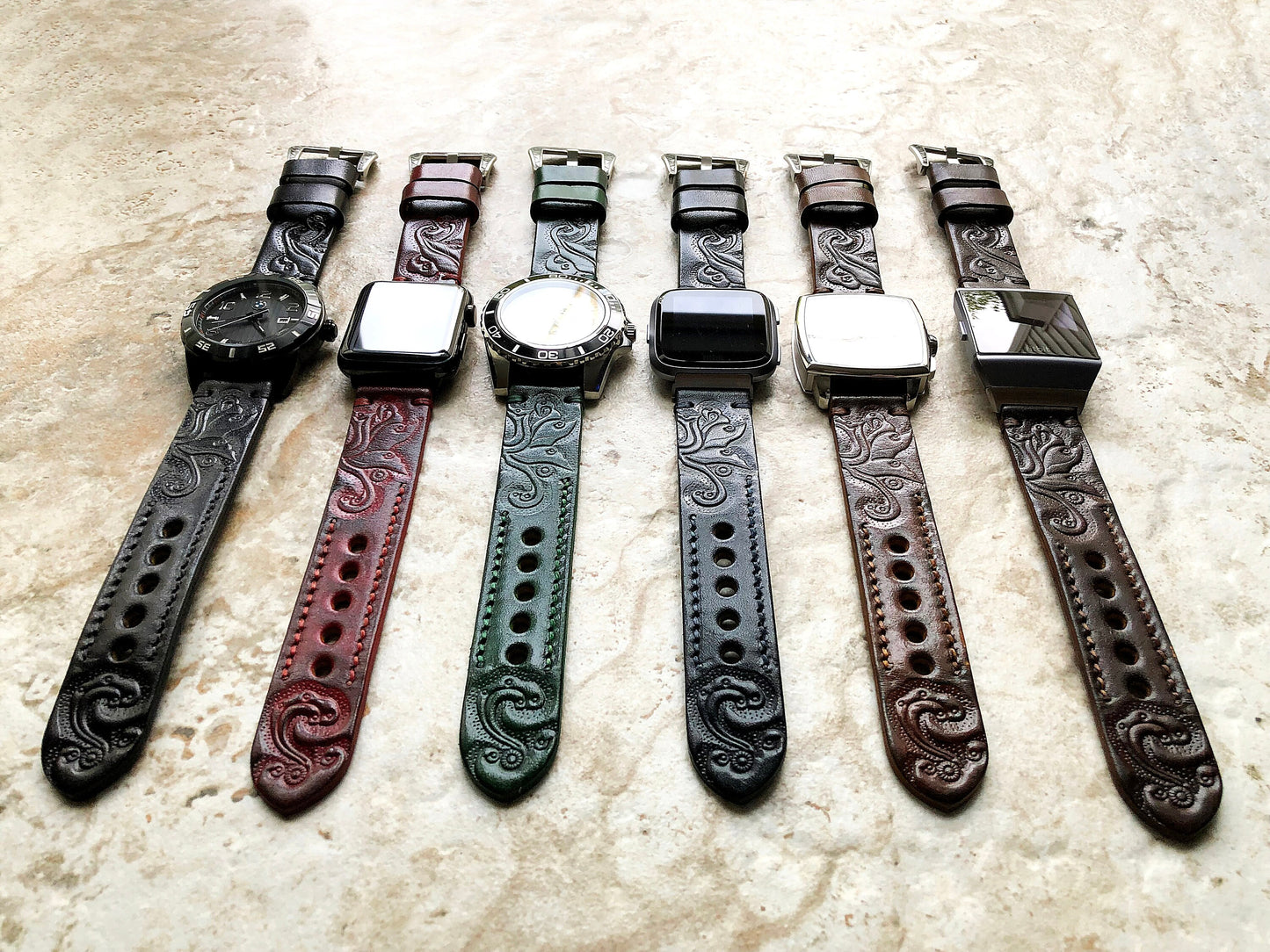 Brown Color Band 22mm 24mm 25mm Compatible with Apple Watch Fitbit Versa 2 3 4 Sense 2 Ionic Embossed Tooled Real Leather Handmade Strap