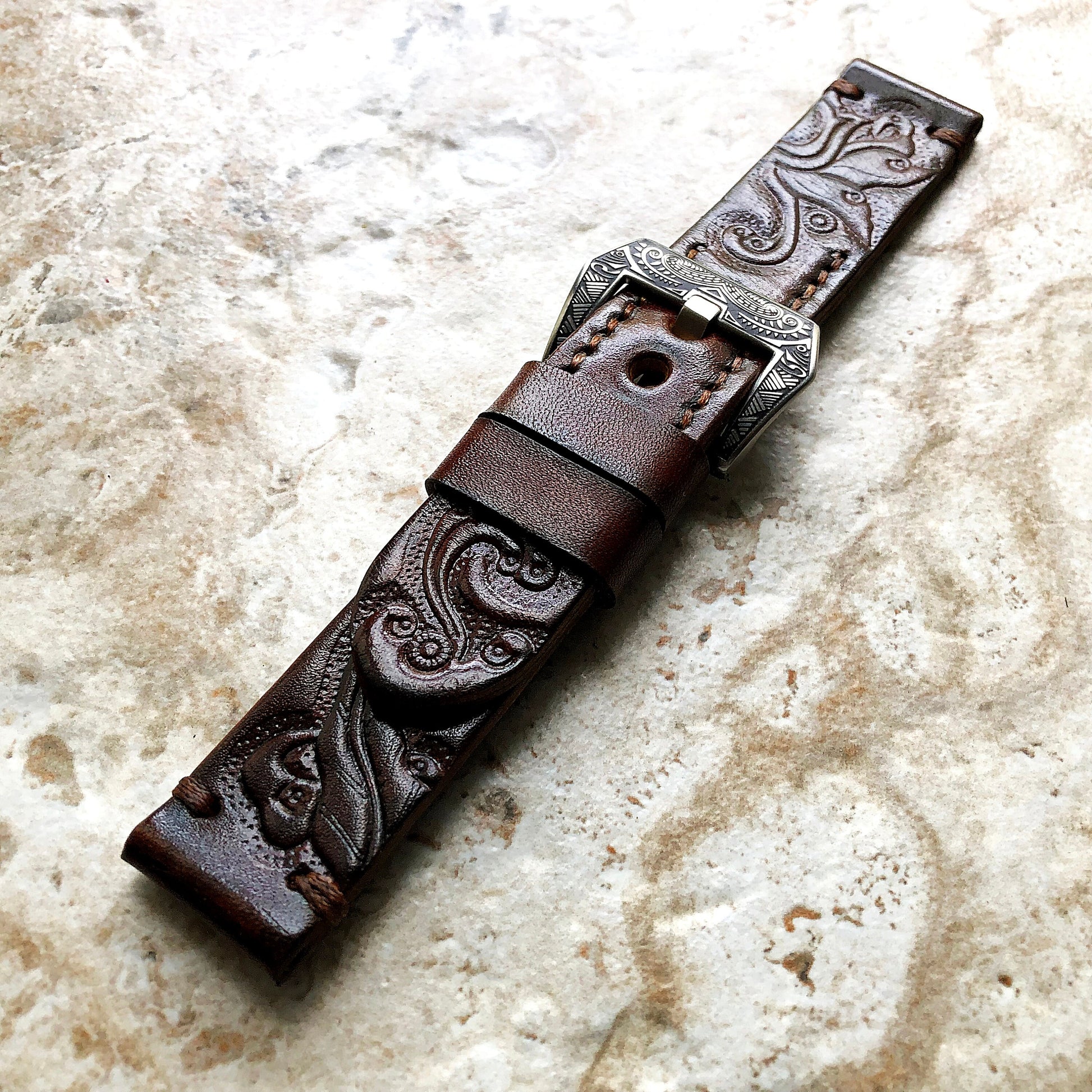 Brown Color Band 22mm 24mm 25mm Compatible with Apple Watch Fitbit Versa 2 3 4 Sense 2 Ionic Embossed Tooled Real Leather Handmade Strap