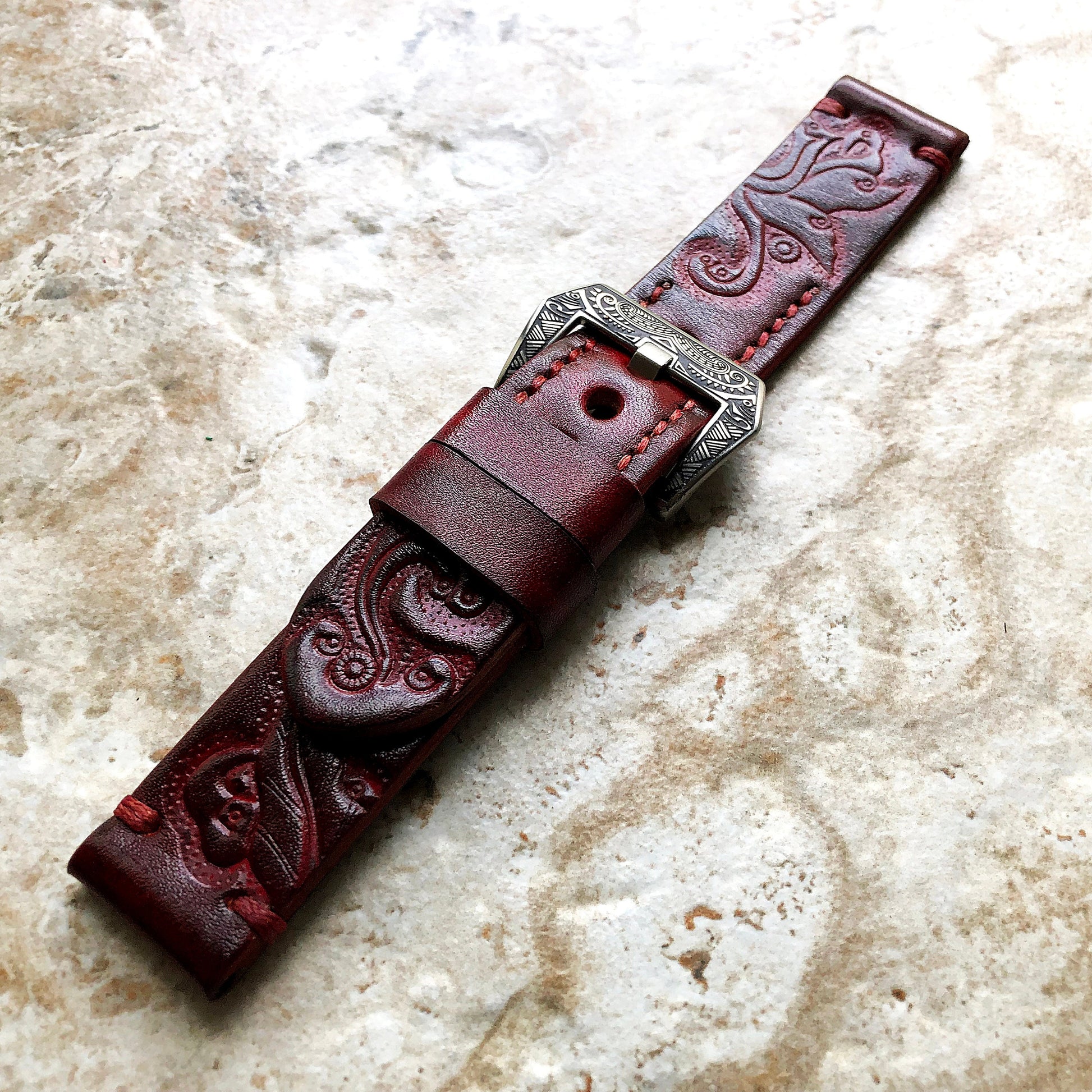 Burgundy Red Band 22mm 24mm 25mm Compatible with Apple Watch Fitbit Versa 2 3 4 Sense 2 Ionic Tooled Embossed Real Leather Strap