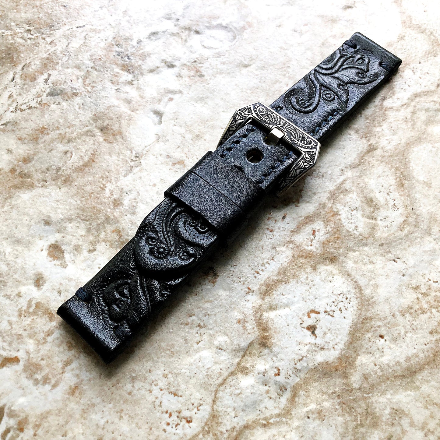 Dark Blue Band 22mm 24mm 25mm Compatible with Apple Watch Fitbit Versa 2 3 4 Sense 2 Ionic Embossed Tooled Real Leather Handmade Strap