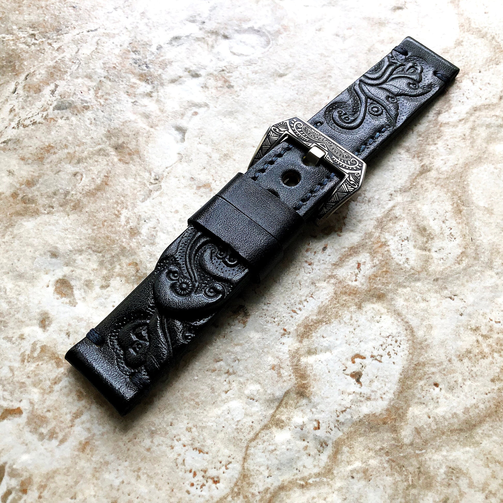 Dark Blue Band 22mm 24mm 25mm Compatible with Apple Watch Fitbit Versa 2 3 4 Sense 2 Ionic Embossed Tooled Real Leather Handmade Strap