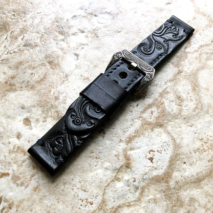 Dark Blue Band 22mm 24mm 25mm Compatible with Apple Watch Fitbit Versa 2 3 4 Sense 2 Ionic Embossed Tooled Real Leather Handmade Strap