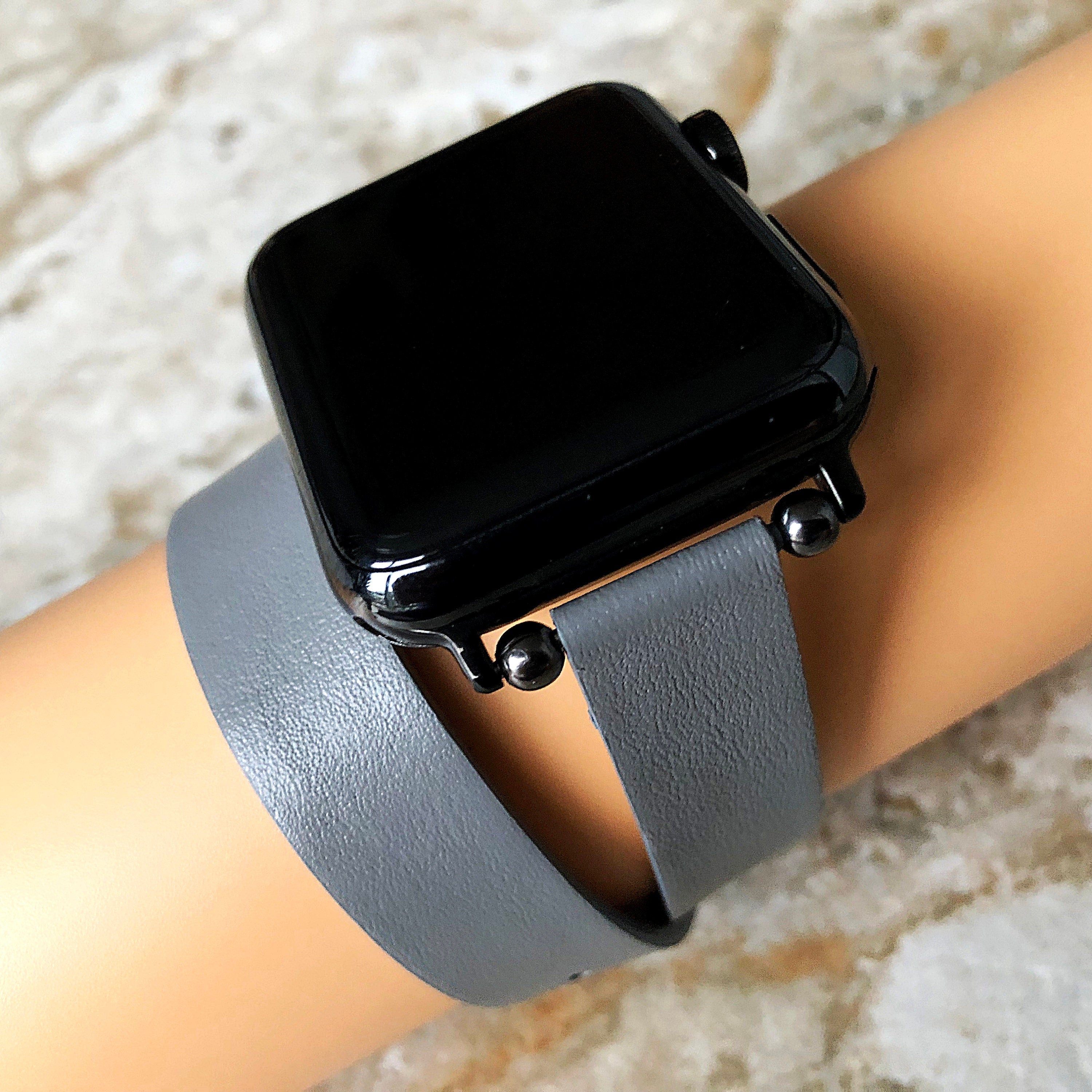 Apple Gray Double Wrap Around Wrist Leather Band for iWatch Ultra 2 9 8 7 SE 6 5 4 3 2 1 38mm 40 41 42mm 44mm 45mm 49mm Twice Bracelet Strap